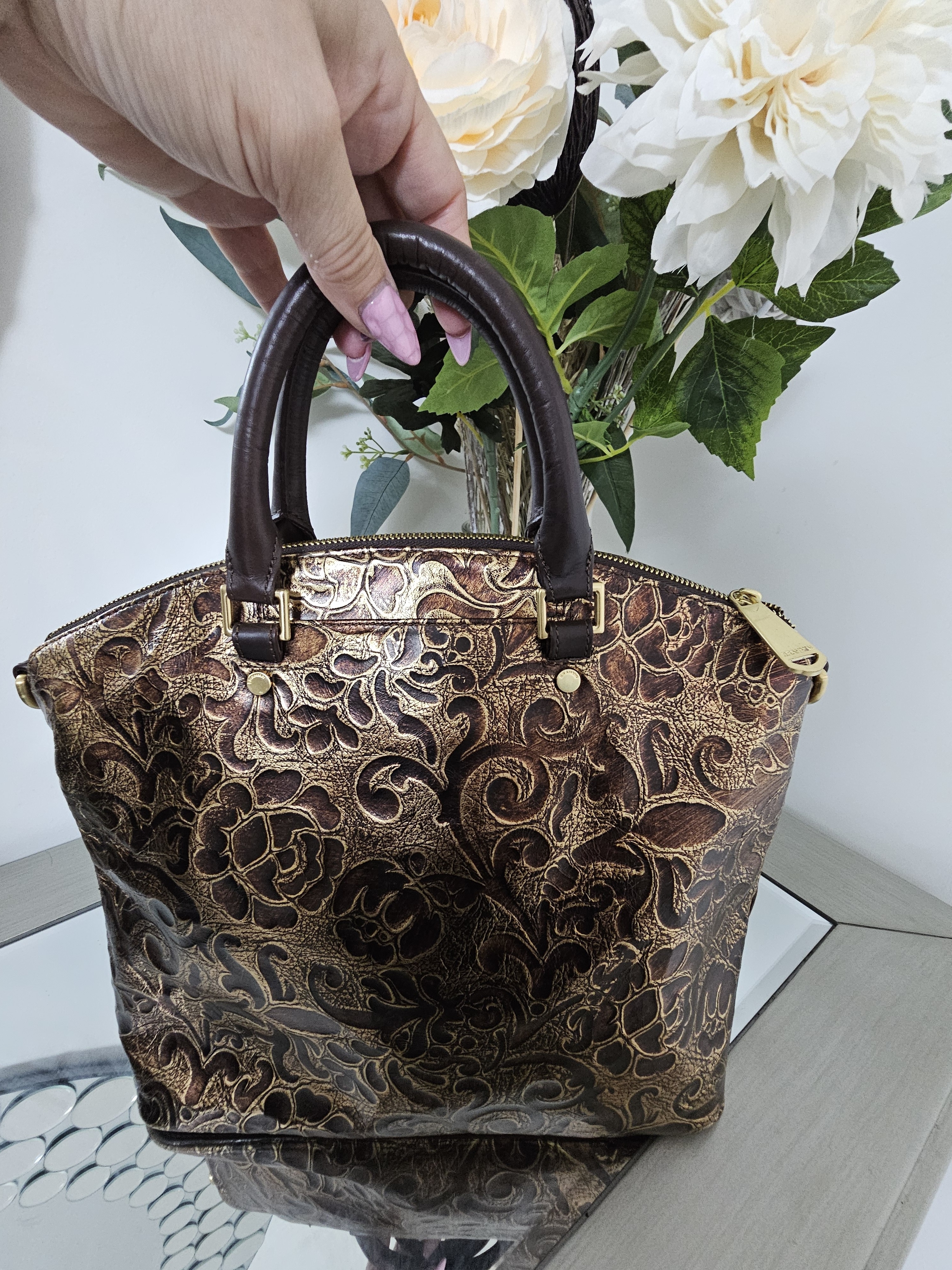 Rare Brahmin Gatsby Bronze Metallic Floral Embossed Leather Asher Satchel